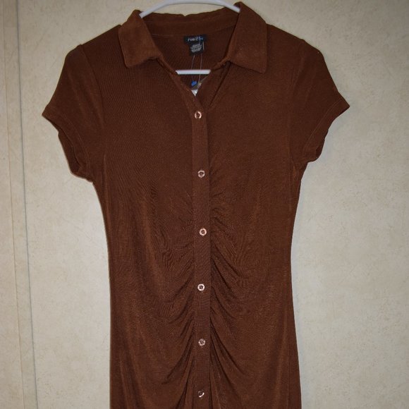 Rue 21 Brown Gathered Short sleeve Shirt Ruched Dress size - Picture 1 of 16